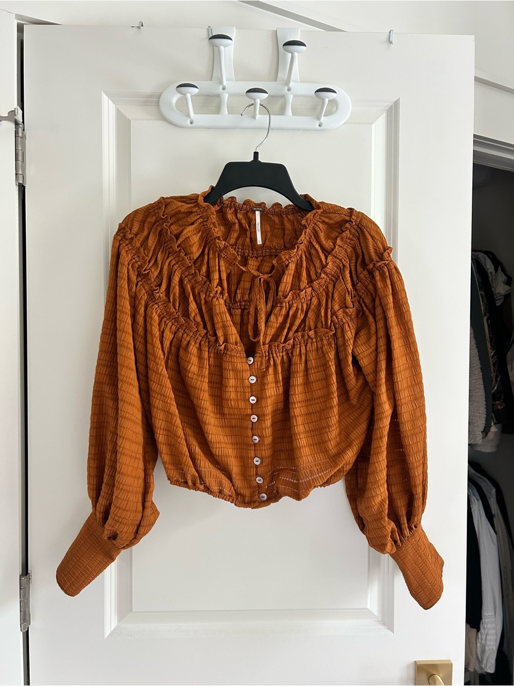 Free People Rust Button-Front Smocked Peasant Blouse
